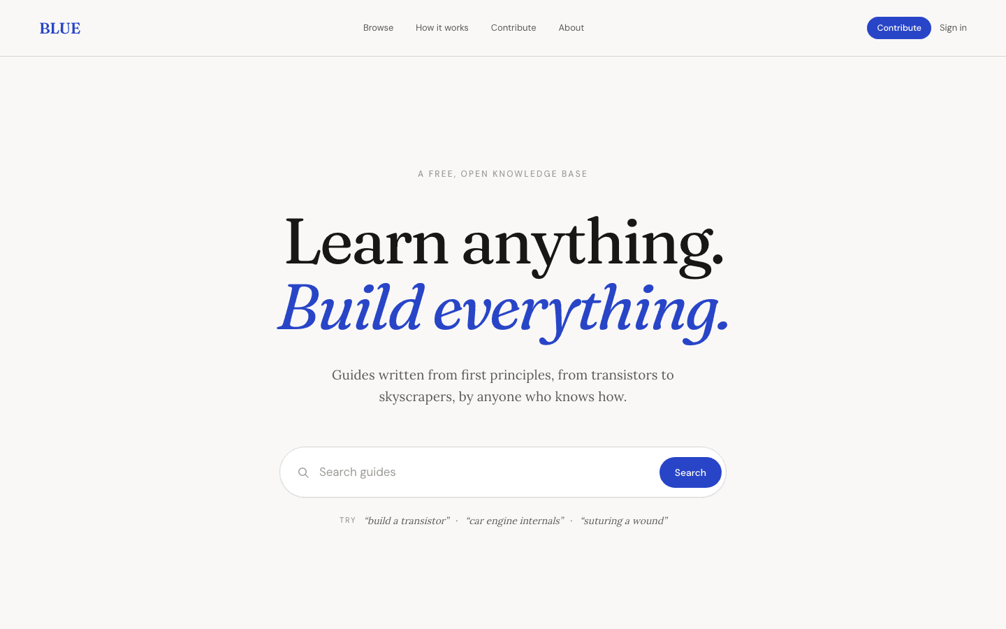 The BlueSystem homepage: the headline “Learn anything. Build everything.” above a guide search box.