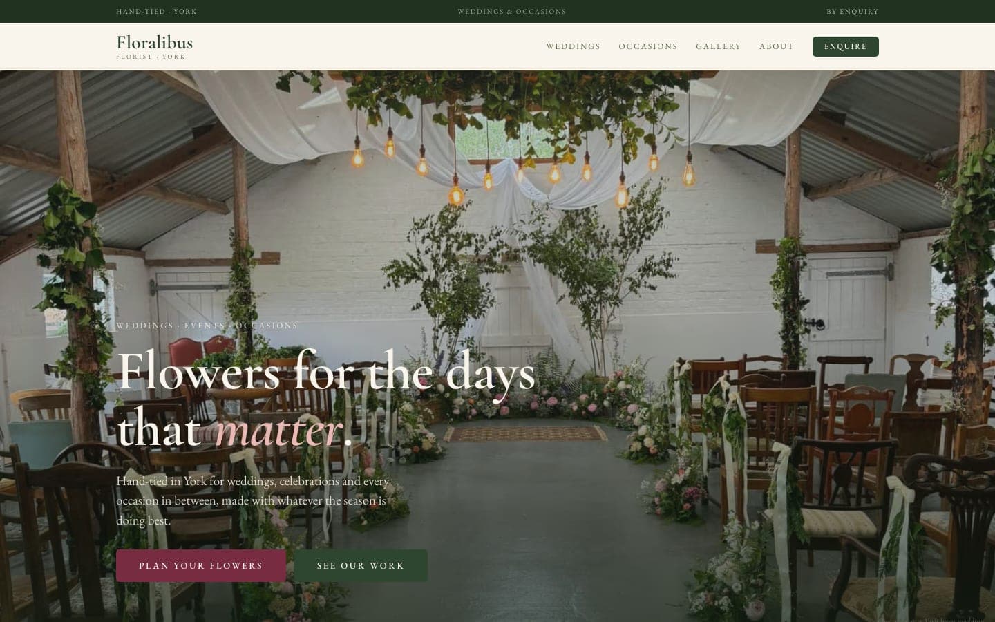 The Floralibus homepage: a York barn wedding aisle behind the headline “Flowers for the days that matter”.