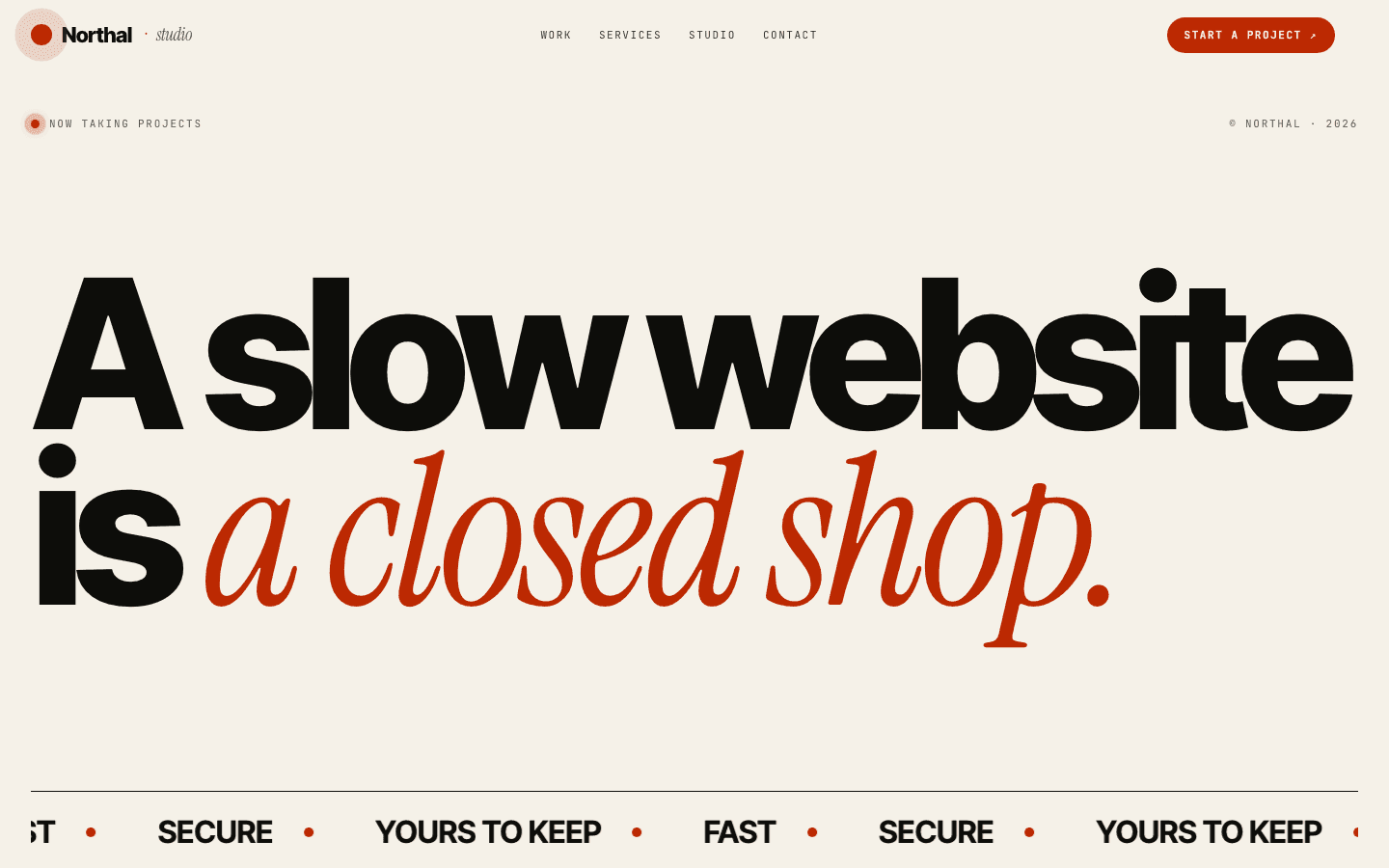 The Northal homepage: the headline “A slow website is a closed shop.”