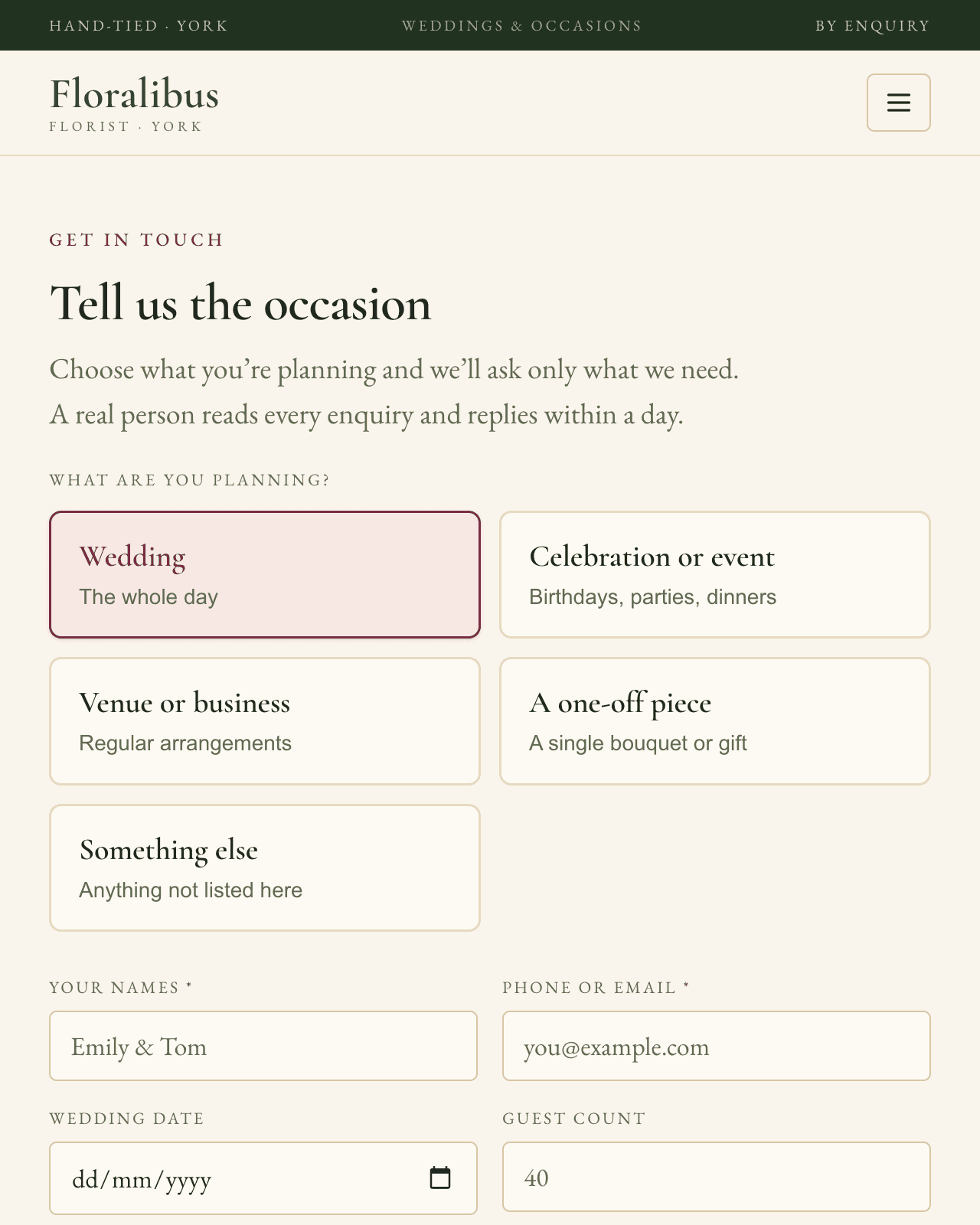 The Floralibus enquiry form with the wedding option selected, showing the fields specific to wedding work